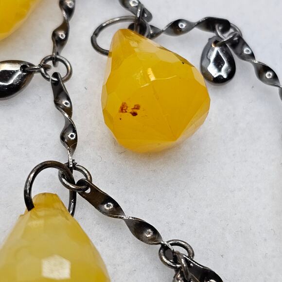 Yellow Statement Necklace Faceted Lemon Drop Dangle Charm Layered Gunmetal Chain - Picture 2 of 7